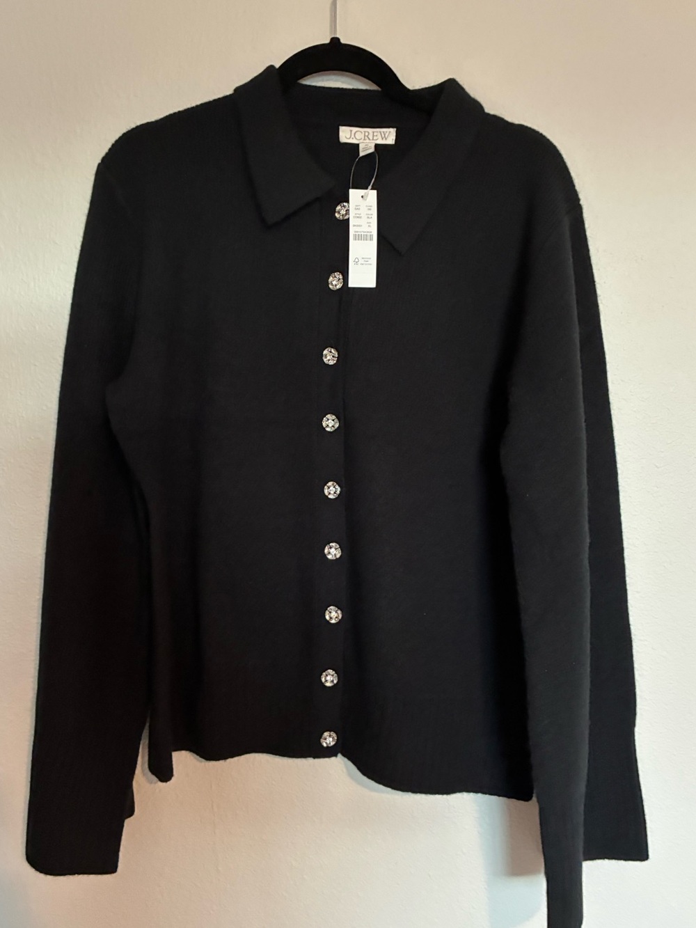 J. Crew Black Collared Cashmere Cardigan with Crystal Buttons